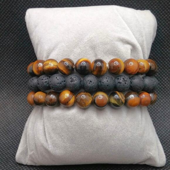 Gemstone Bracelet Tigers Eye Set of 3 Black Lava 8mm Beaded Handmade Stretch NEW - Picture 12 of 13